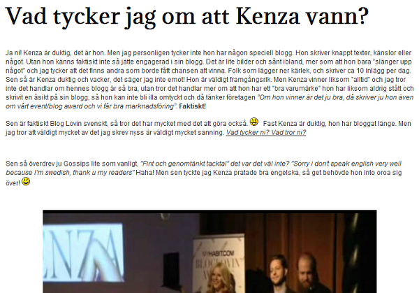 Desirée’s åsikter kring vinsten.