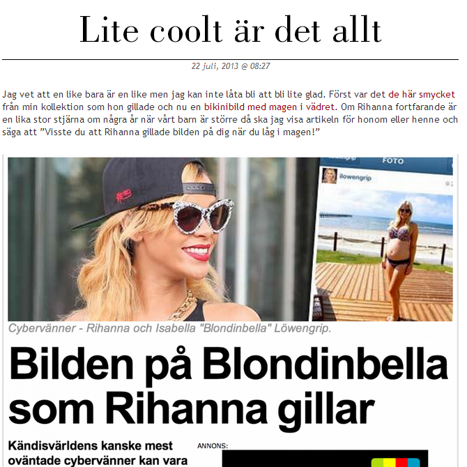 Rihanna gillar Blondinbellas bild @ Instagram